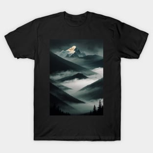 Mountainous Gray Scale Valley With Mist T-Shirt